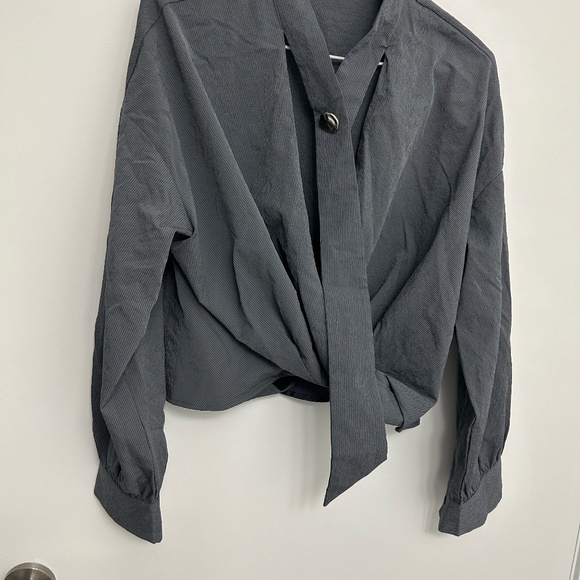 Office shirt - Gray Pleated V neck blouse - Picture 2 of 4